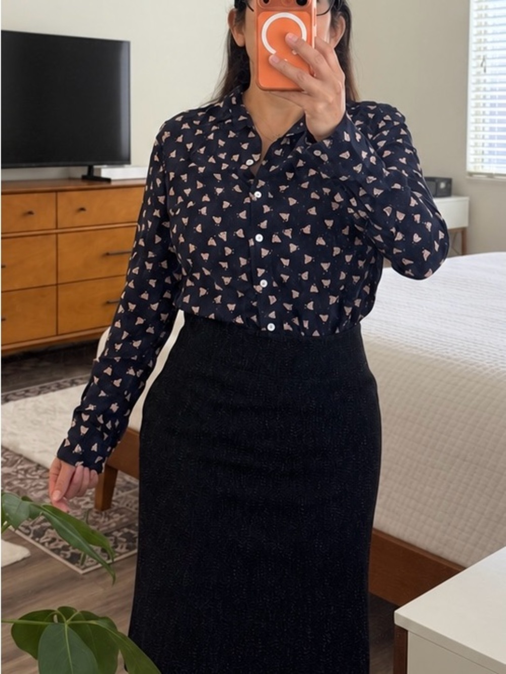 J. Crew Navy Button-Down Shirt with Light Pink Print